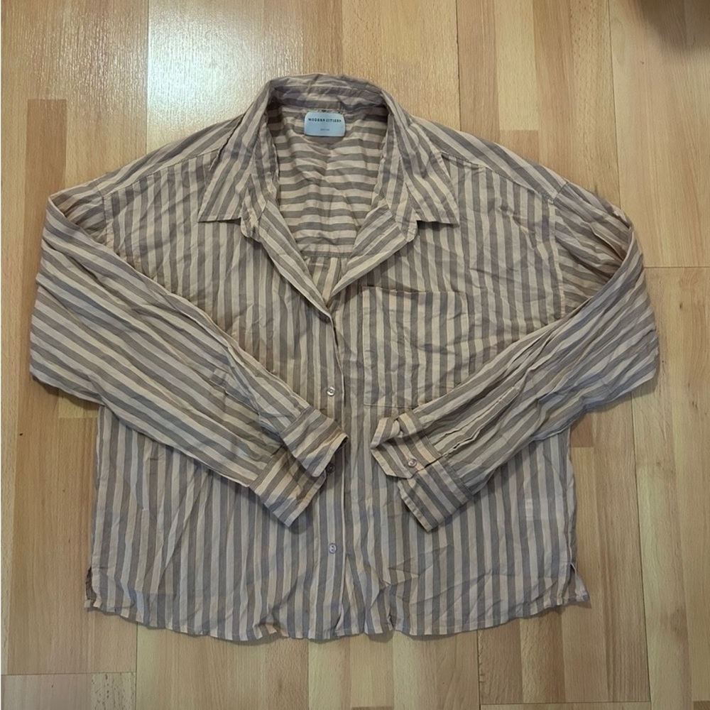 Modern Citizen Beige and Gray Striped Lightweight Shirt Jacket